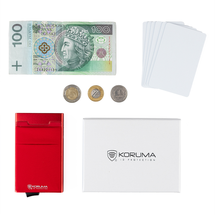 Aluminiowy portfel z wysuwanymi kartami i ochroną kart zbliżeniowych (Czerwony)