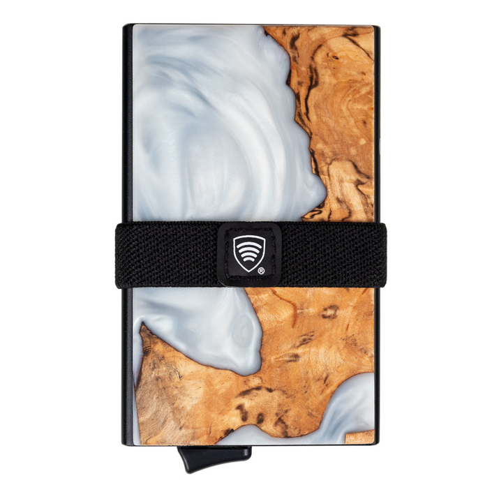 Aluminiowy portfel z wysuwanymi kartami i ochroną kart zbliżeniowych (drewno + biała żywica)