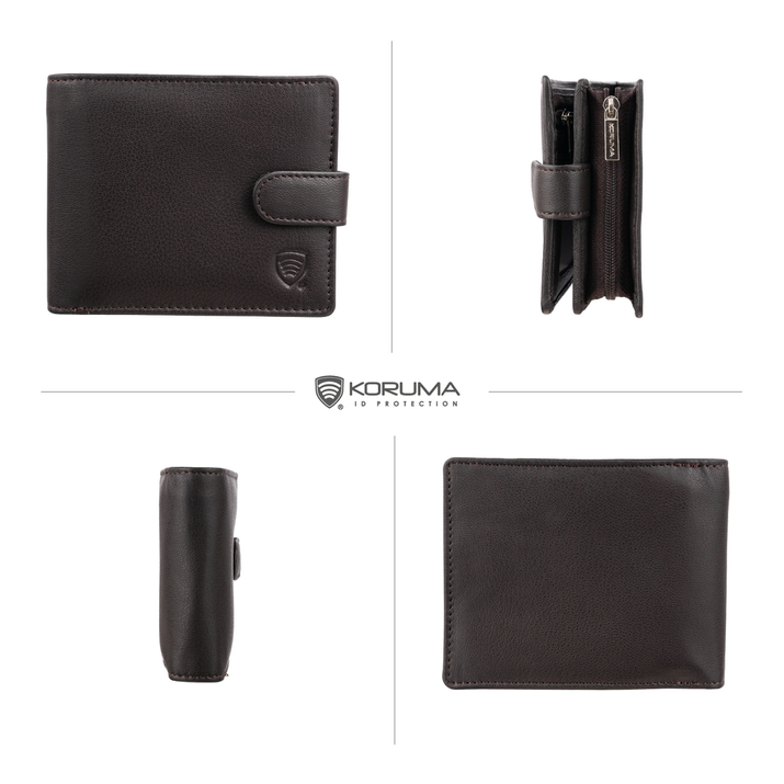 Poziomy portfel męski skórzany z zamkiem na drobne oraz ochroną RFID (brązowy)