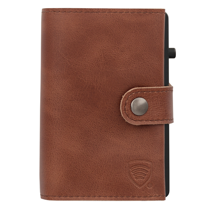 Skórzany portfel męski z kieszenią na bilon oraz aluminiowym etui z wysuwanymi kartami (brąz)