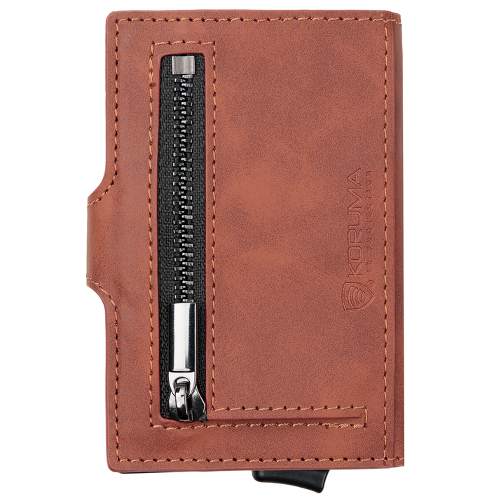 Portfel męski z kieszenią na bilon oraz aluminiowym etui z wysuwanymi kartami (jasny brąz)