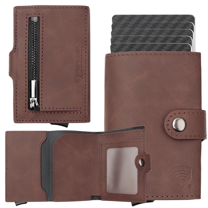 Portfel męski z kieszenią na bilon oraz aluminiowym etui z wysuwanymi kartami (ciemny brąz)
