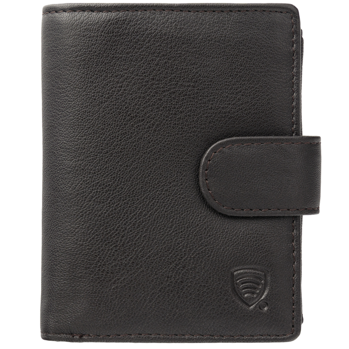 Portfel męski skórzany na karty i monety z ochroną RFID BLOCK (ciemny brąz)