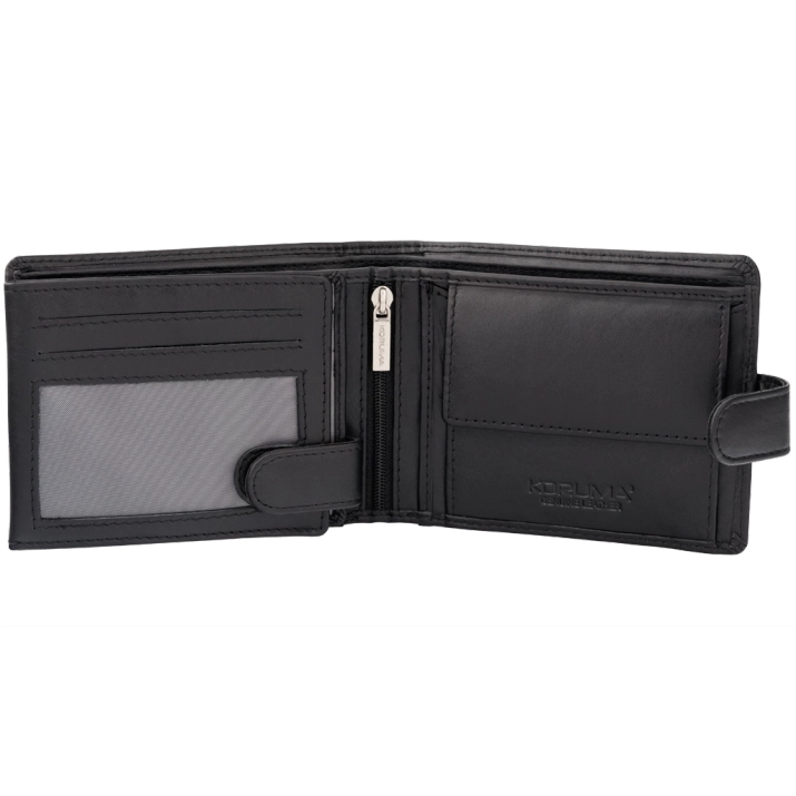 Zapinany portfel męski skórzany z ochroną RFID BLOCK (czarny, carbon)