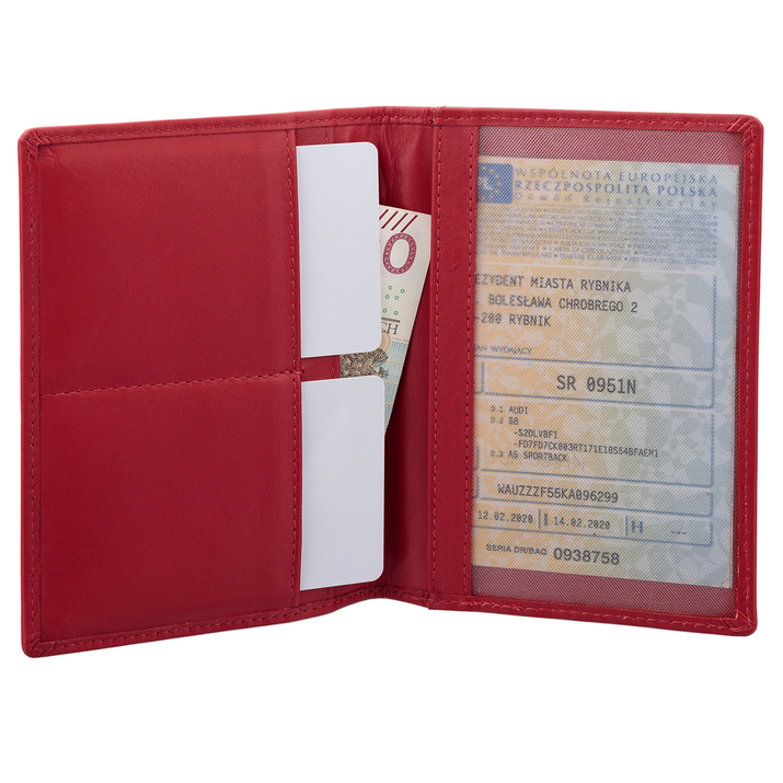 Skórzane etui RFID na dokumenty oraz dowód rejestracyjny (czerwony)