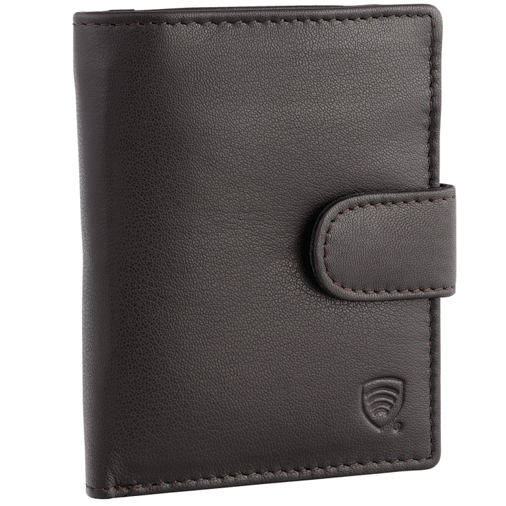 Pionowy portfel męski skórzany z zamkiem na monety oraz ochroną RFID (brązowy)