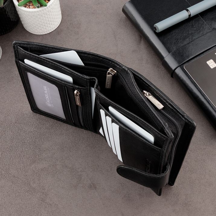 Pionowy portfel męski skórzany z zamkiem na monety oraz ochroną RFID (czarny)