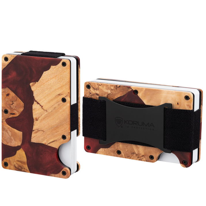 Aluminiowe etui z gumką na karty zbliżeniowe RFID (drewno + czerwona żywica)