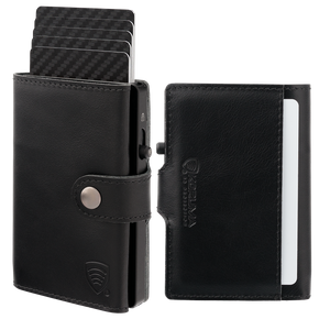 Skórzany portfel męski z zewnętrzną kieszenią na kartę oraz aluminiowym etui z wysuwanymi kartami (czarny)
