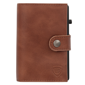 Skórzany portfel męski z kieszenią na bilon oraz aluminiowym etui z wysuwanymi kartami (brąz)