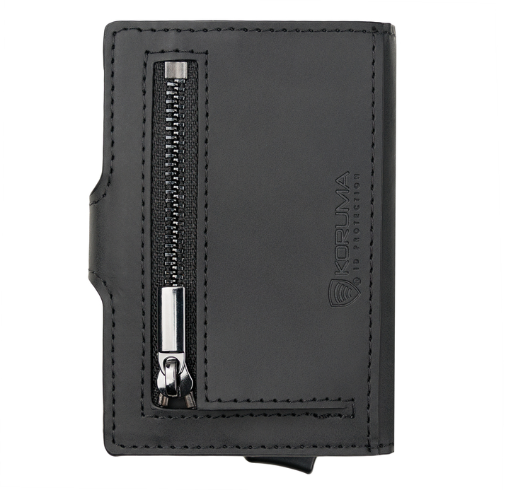 Portfel męski z kieszenią na bilon oraz aluminiowym etui z wysuwanymi kartami (czarny)