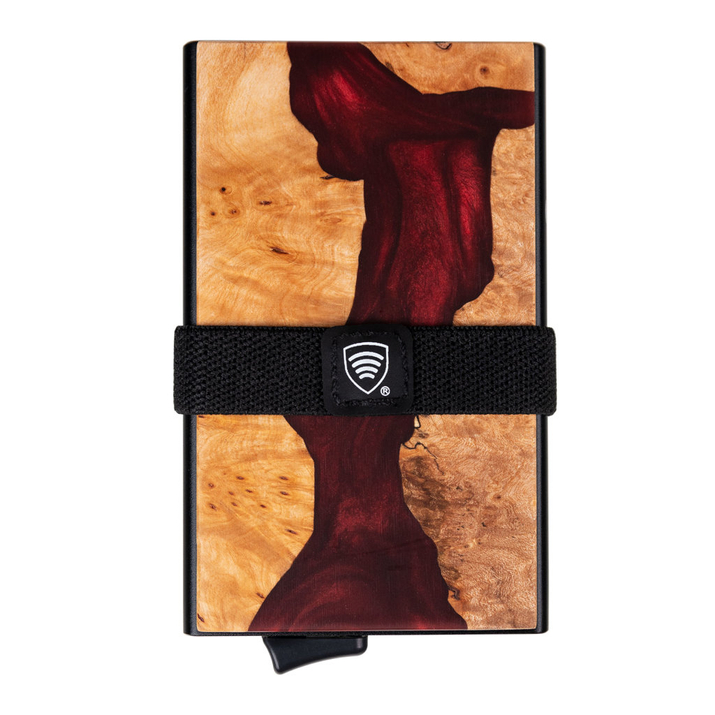 Aluminiowy portfel z wysuwanymi kartami i ochroną kart zbliżeniowych (drewno + czerwona żywica)