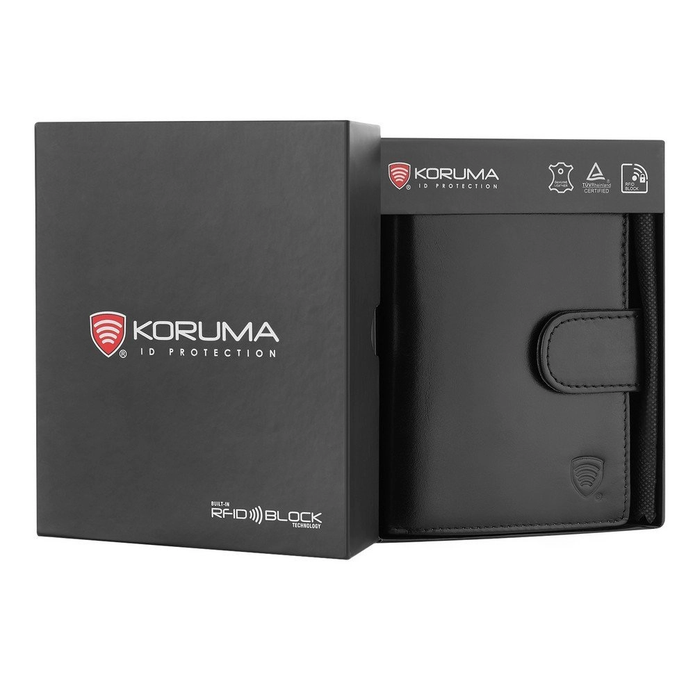 Czarny portfel KORUMA z gładkiej skóry w czarnym pudełku prezentowym z logo