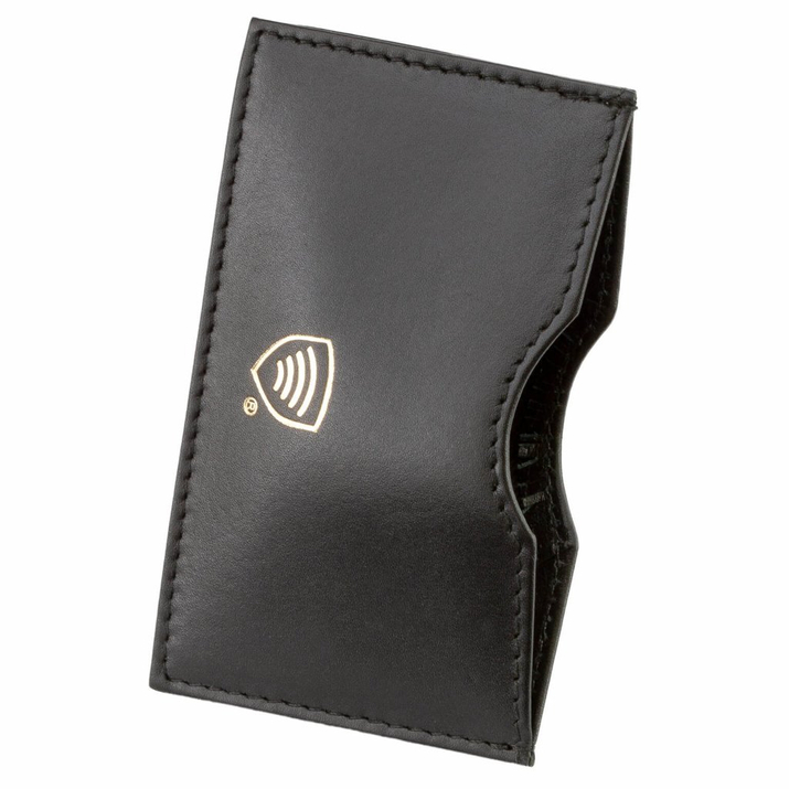 Etui ze skóry blokujące kartę płatniczą RFID ze złotym logo (Czarny)