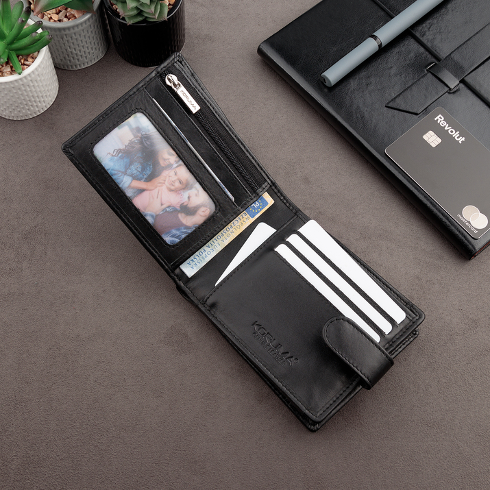 Poziomy portfel męski skórzany z zamkiem na drobne oraz ochroną RFID (czarny)