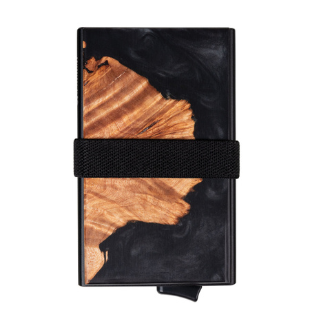 Aluminiowy portfel z wysuwanymi kartami i ochroną kart zbliżeniowych (drewno + czarna żywica)