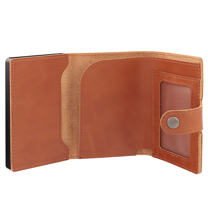 Skórzany portfel męski z zewnętrzną kieszenią na kartę oraz aluminiowym etui z wysuwanymi kartami (brąz)