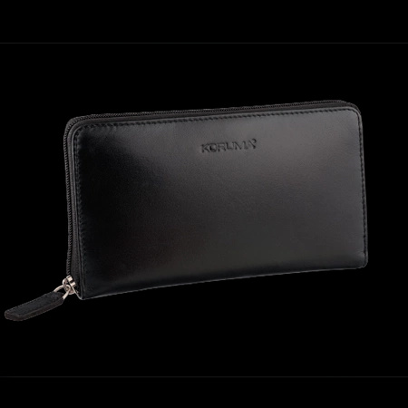 Skórzany portfel damski zapinany na zamek z ochroną RFID  (Czarny)