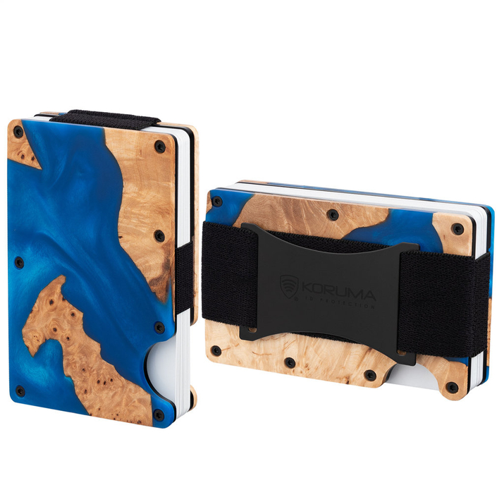Aluminiowe etui z gumką na karty zbliżeniowe RFID (drewno + niebieska żywica)