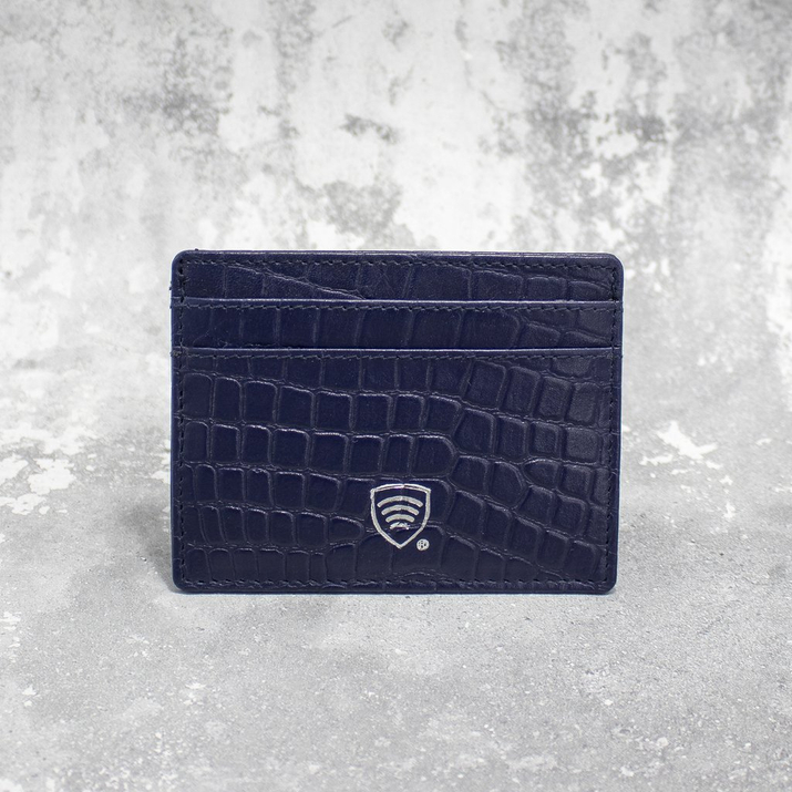 Skórzane etui antykradzieżowe na karty zbliżeniowe RFID (Granatowy, Croco)