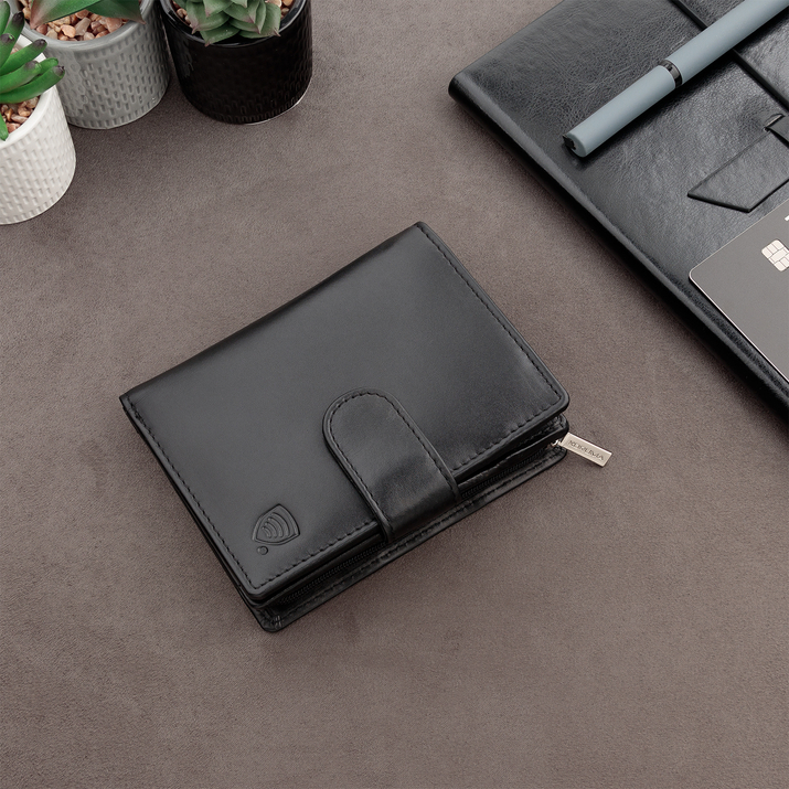 Pionowy portfel męski skórzany z zamkiem na monety oraz ochroną RFID (czarny)