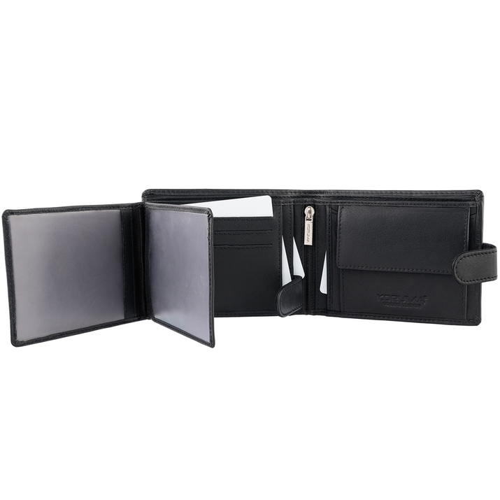 Zapinany portfel męski skórzany na karty zbliżeniowe i monety (czarny)