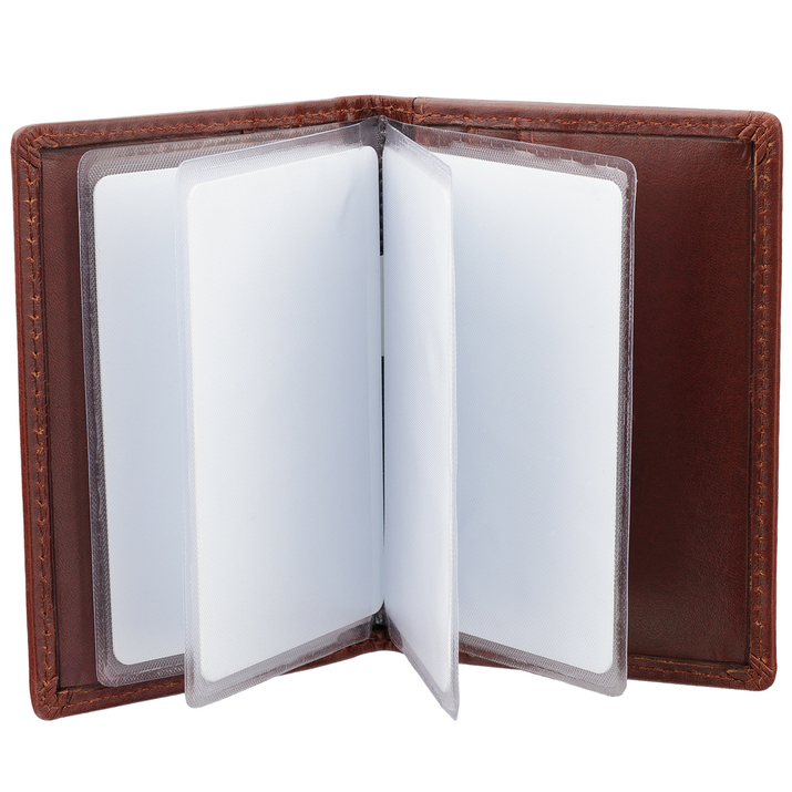 Mały antykradzieżowy portfel skórzany na karty zbliżeniowe z wyciąganym albumem (brąz)