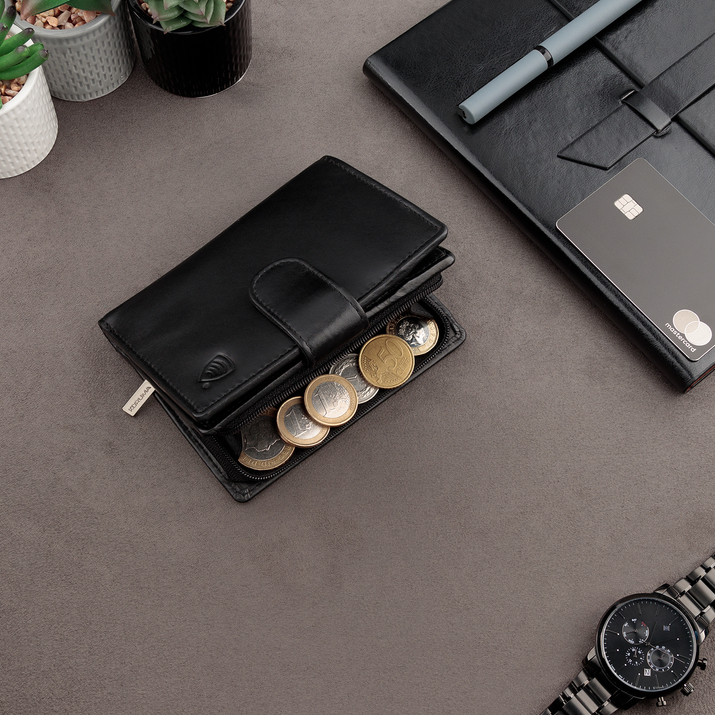 Pionowy portfel męski skórzany z zamkiem na monety oraz ochroną RFID (czarny)