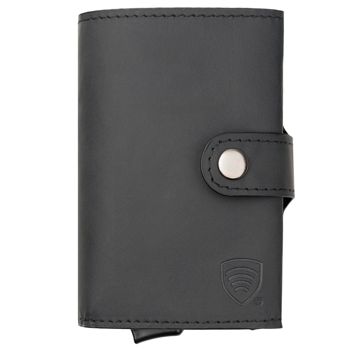 Portfel męski z kieszenią na bilon oraz aluminiowym etui z wysuwanymi kartami (czarny)