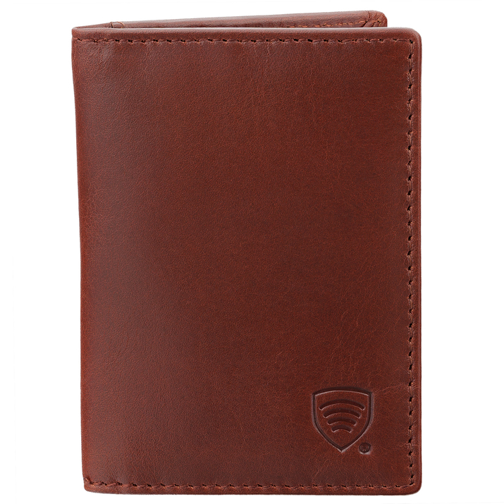 Mały antykradzieżowy portfel skórzany na karty zbliżeniowe z wyciąganym albumem (brąz)