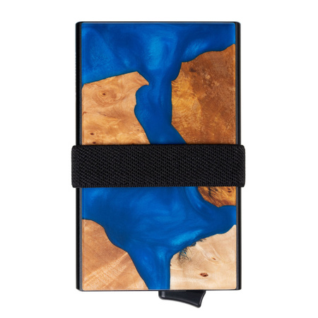 Aluminiowy portfel z wysuwanymi kartami i ochroną kart zbliżeniowych (drewno + niebieska żywica)