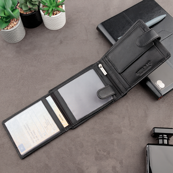 Zapinany portfel męski skórzany na karty zbliżeniowe i monety (czarny)