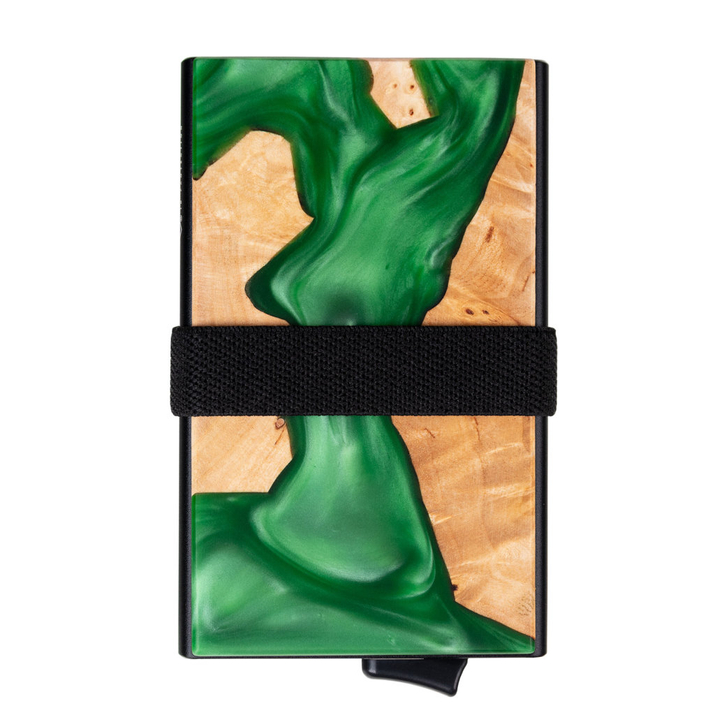 Aluminiowy portfel z wysuwanymi kartami i ochroną kart zbliżeniowych (drewno + zielona żywica)