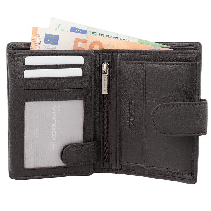 Portfel męski skórzany na karty i monety z ochroną RFID BLOCK (ciemny brąz)