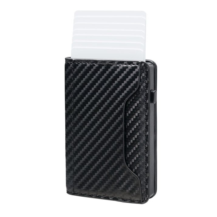 Aluminiowy portfel z wysuwaniem i zabezpieczeniem kart zbliżeniowych (czarny, carbon)