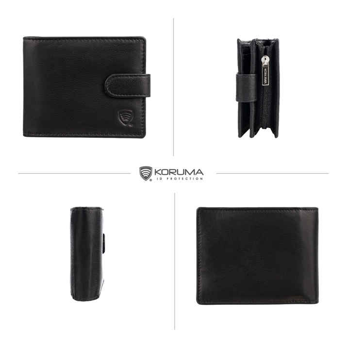 Poziomy portfel męski skórzany z zamkiem na drobne oraz ochroną RFID (czarny)