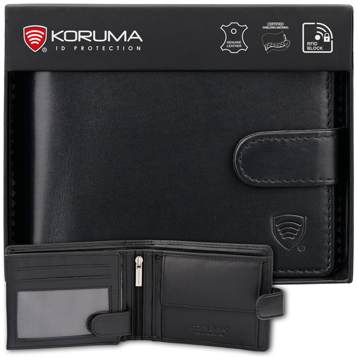 Zapinany portfel męski skórzany na karty zbliżeniowe i monety (czarny)