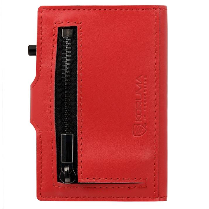 Skórzany portfel męski z kieszenią na bilon oraz aluminiowym etui z wysuwanymi kartami (czerwony)