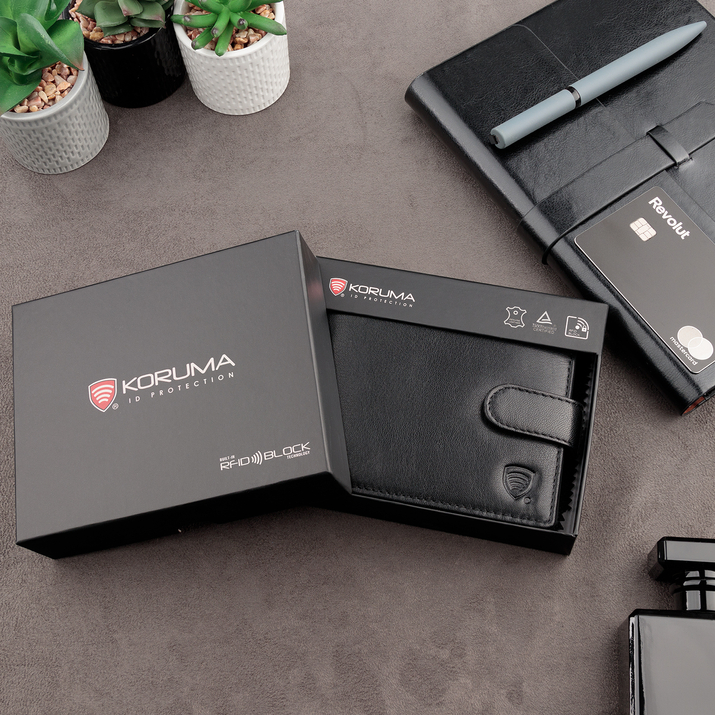 Zapinany portfel męski skórzany na karty zbliżeniowe i monety (czarny)