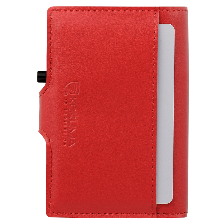 Skórzany portfel męski z zewnętrzną kieszenią na kartę oraz aluminiowym etui z wysuwanymi kartami (czerwony)