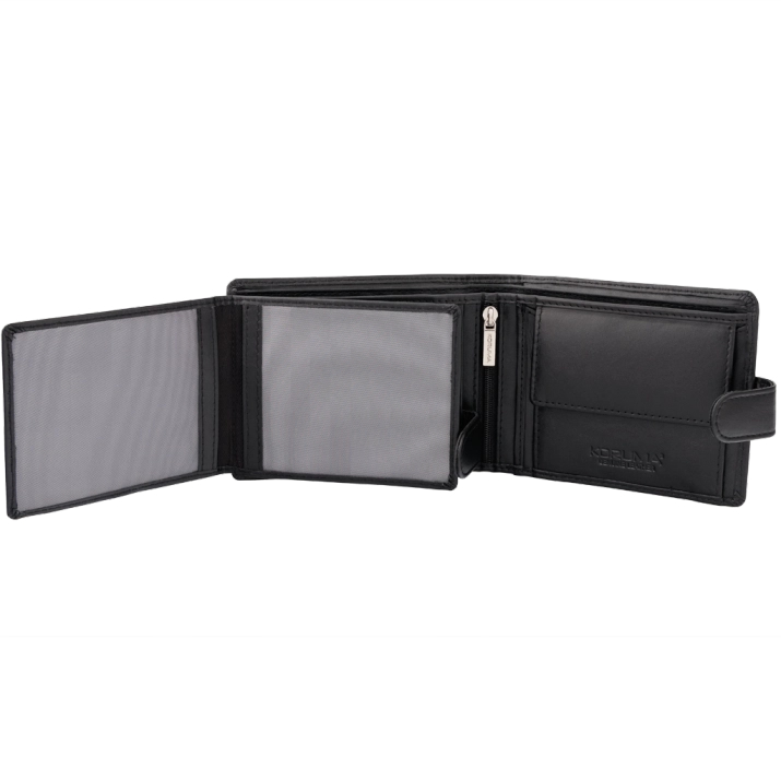 Zapinany portfel męski skórzany z ochroną RFID BLOCK (czarny, carbon)