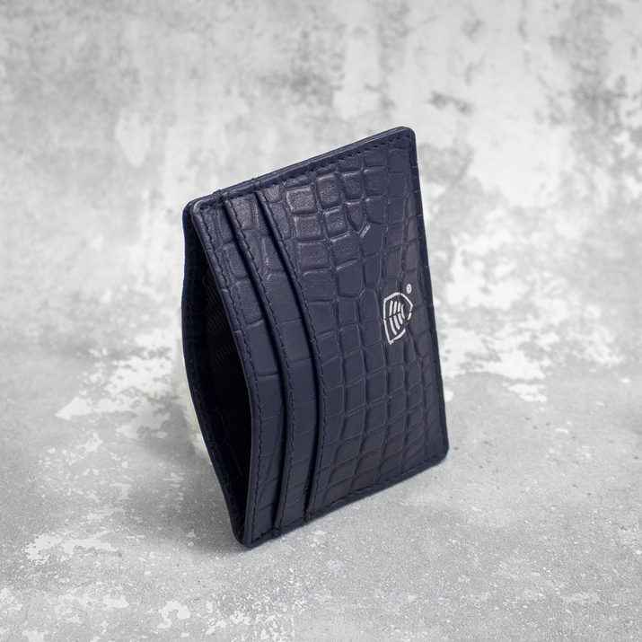 Skórzane etui antykradzieżowe na karty zbliżeniowe RFID (Granatowy, Croco)