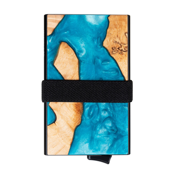 Aluminiowy portfel z wysuwanymi kartami i ochroną kart zbliżeniowych (drewno + turkusowa żywica)