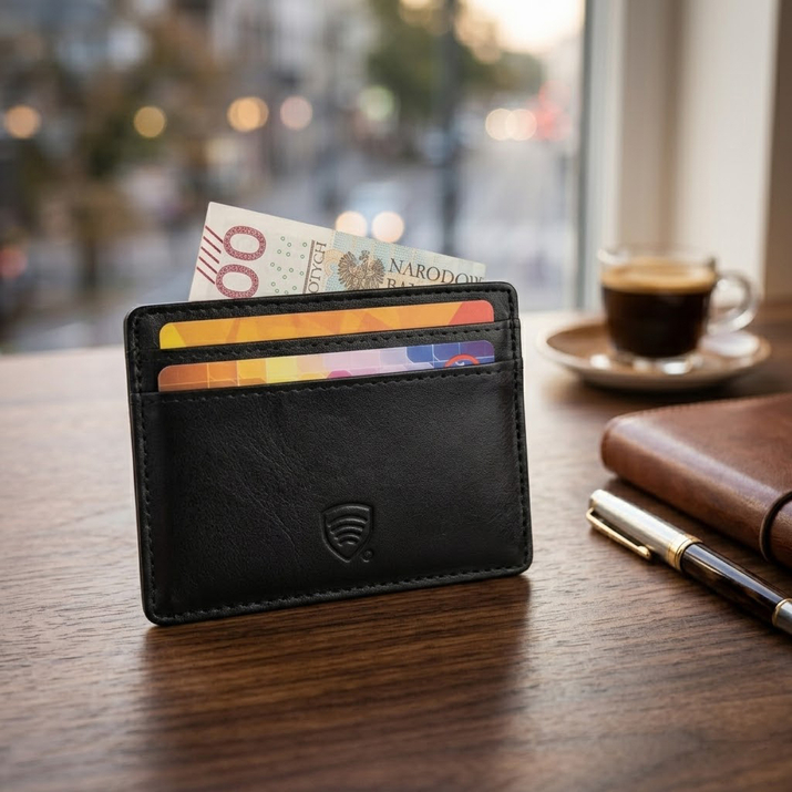Etui skórzane blokujące karty zbliżeniowe RFID (Czarny)
