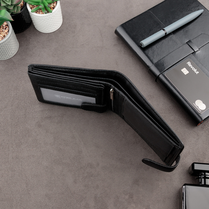 Zapinany portfel męski skórzany na karty zbliżeniowe i monety (czarny)