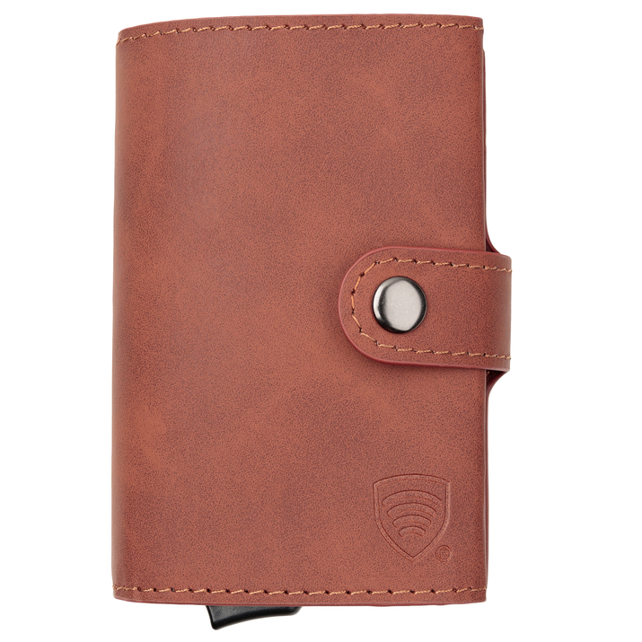 Portfel męski z kieszenią na bilon oraz aluminiowym etui z wysuwanymi kartami (jasny brąz)