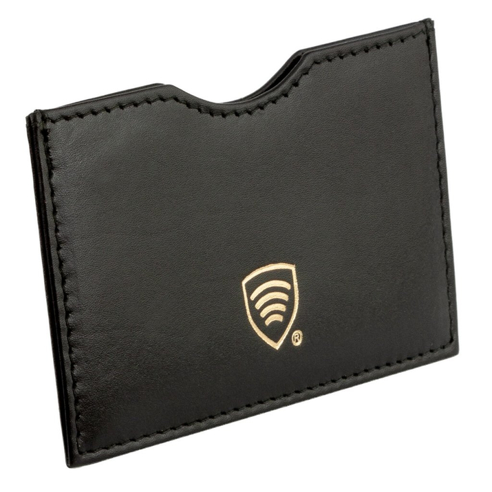 Etui ze skóry blokujące kartę płatniczą RFID ze złotym logo (Czarny)