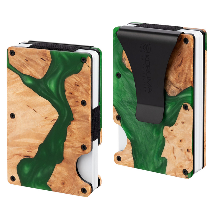 Aluminiowe etui z klipsem na karty kredytowe (drewno + zielona żywica)